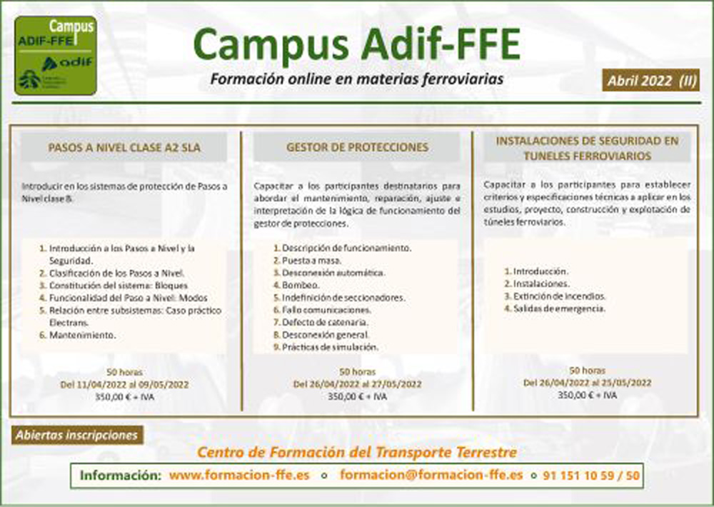 Nuevos cursos sobre ferrocarril Campus ADIF-FFE en abril