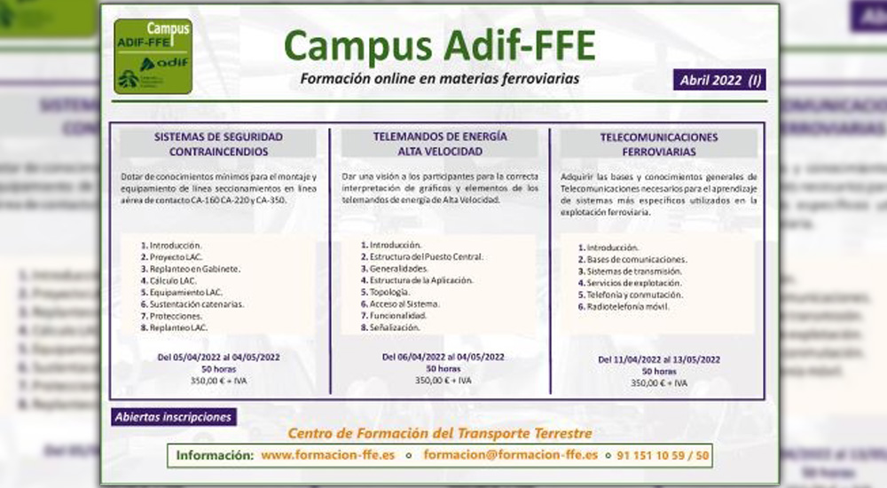 Nuevos cursos sobre ferrocarril Campus ADIF-FFE en abril